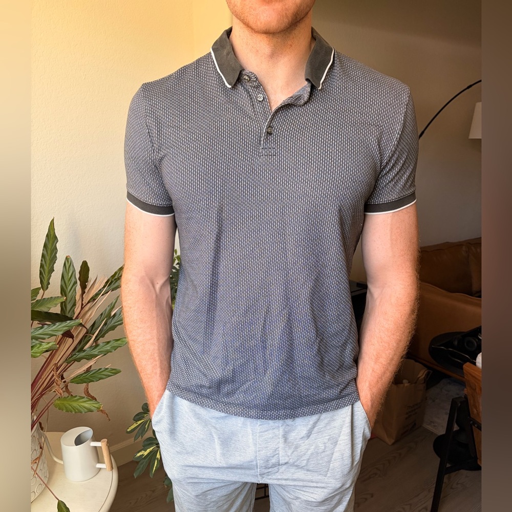 Express Men's Grey Micro-Pattern Polo with Contrast Trim